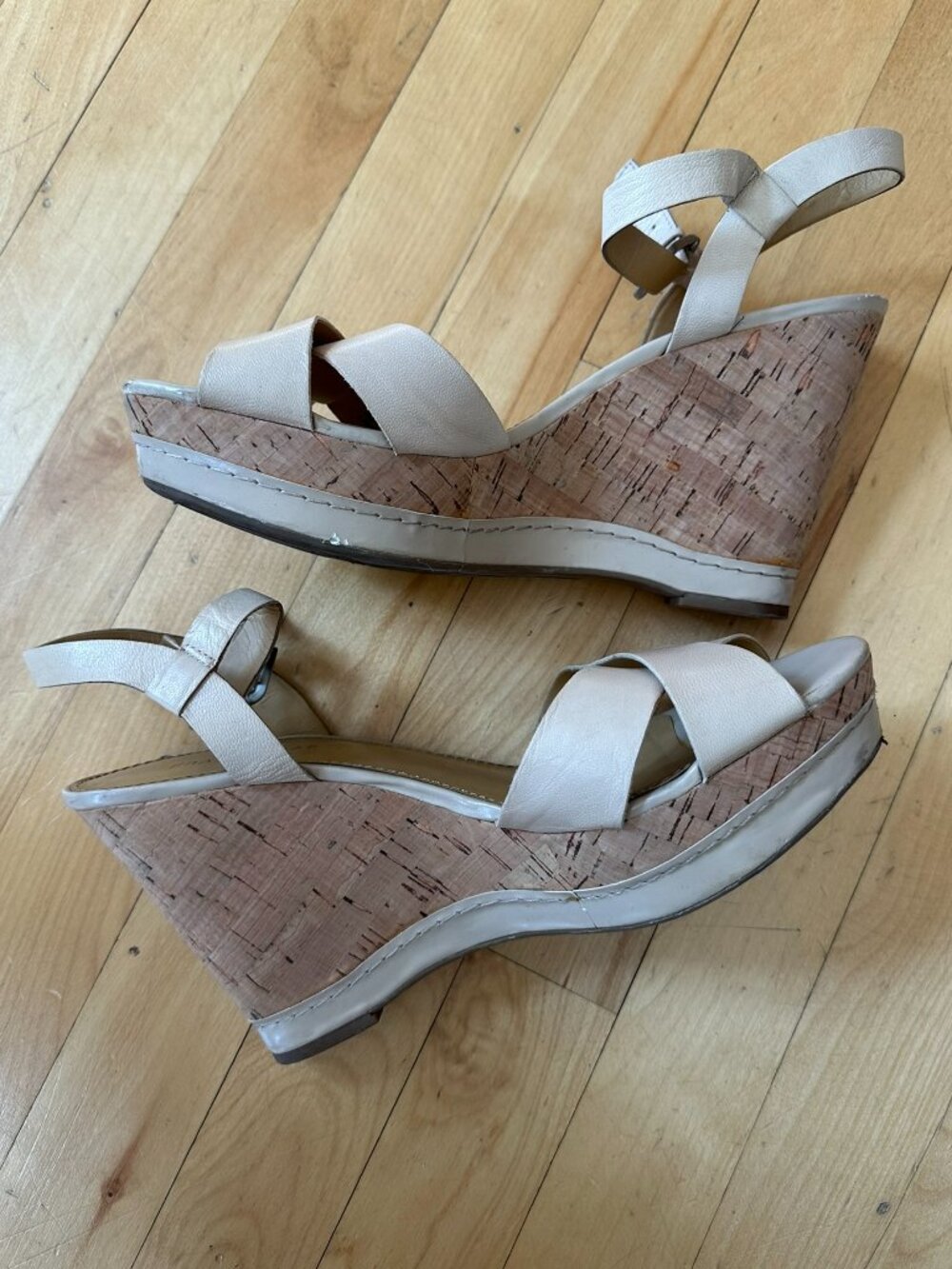 Franco Sarto Tan Leather Cork Platform Wedge Sandals Beige Women's size 10M